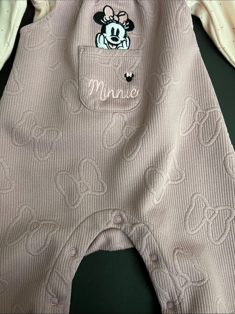 Disney Minnie Mouse Dusty Pink Bow Overalls Set - Picture 3 of 3
